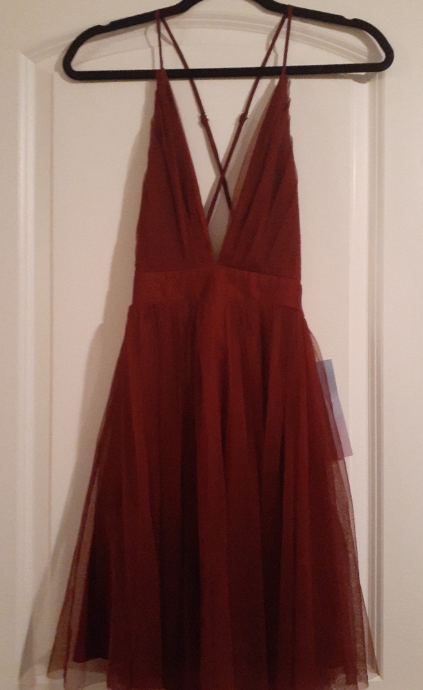 Luxxel Carried Away Burgundy Tulle Crossback Dress